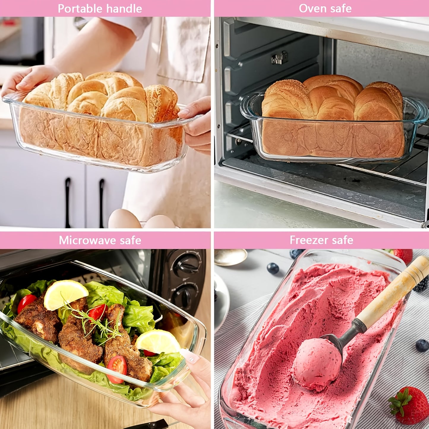4pcs Glass Loaf Pan Set with Lids - Stackable 1.9 QT/ 62oz Glass Bread Baking Dishes - 2 Food Storage Containers + 2 Airtight Lids, Oven & Microwave Safe, Dishwasher Safe - Clear