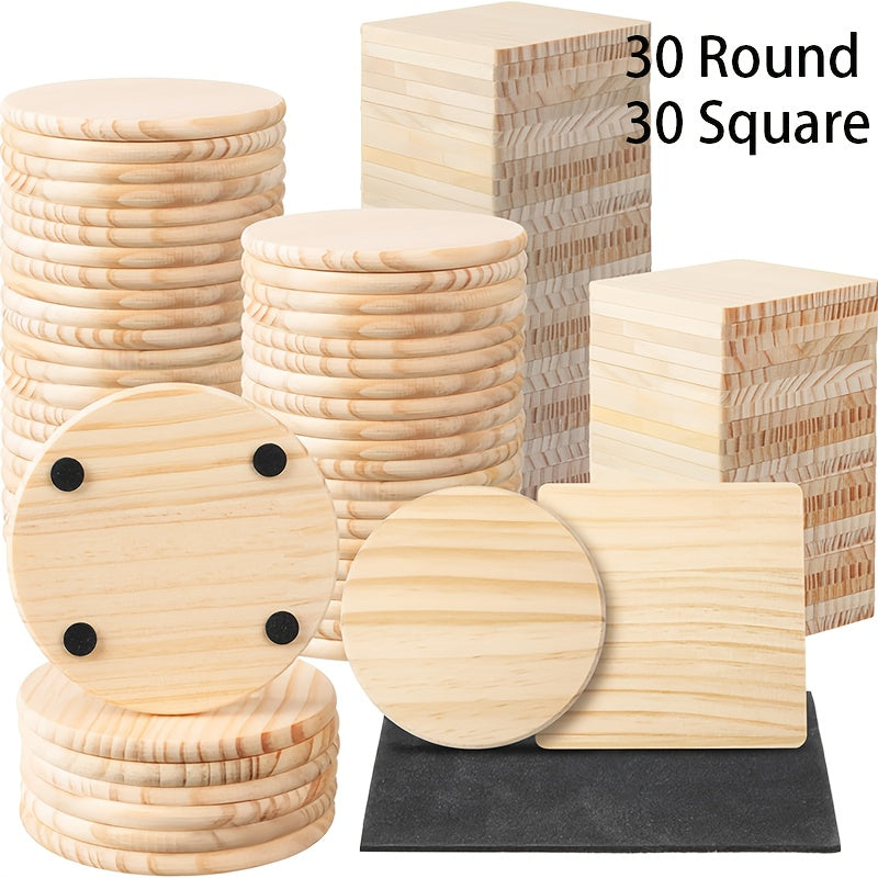 60/30pcs Unfinished Wood Coaster for Crafts, 30/15Square 30/15Round Wooden Coasters for Drinks Coffee Table with Non-Slip Pad Engraving Cup Coasters for Stained Painting Coffee Home Kitchen, 4 Inch