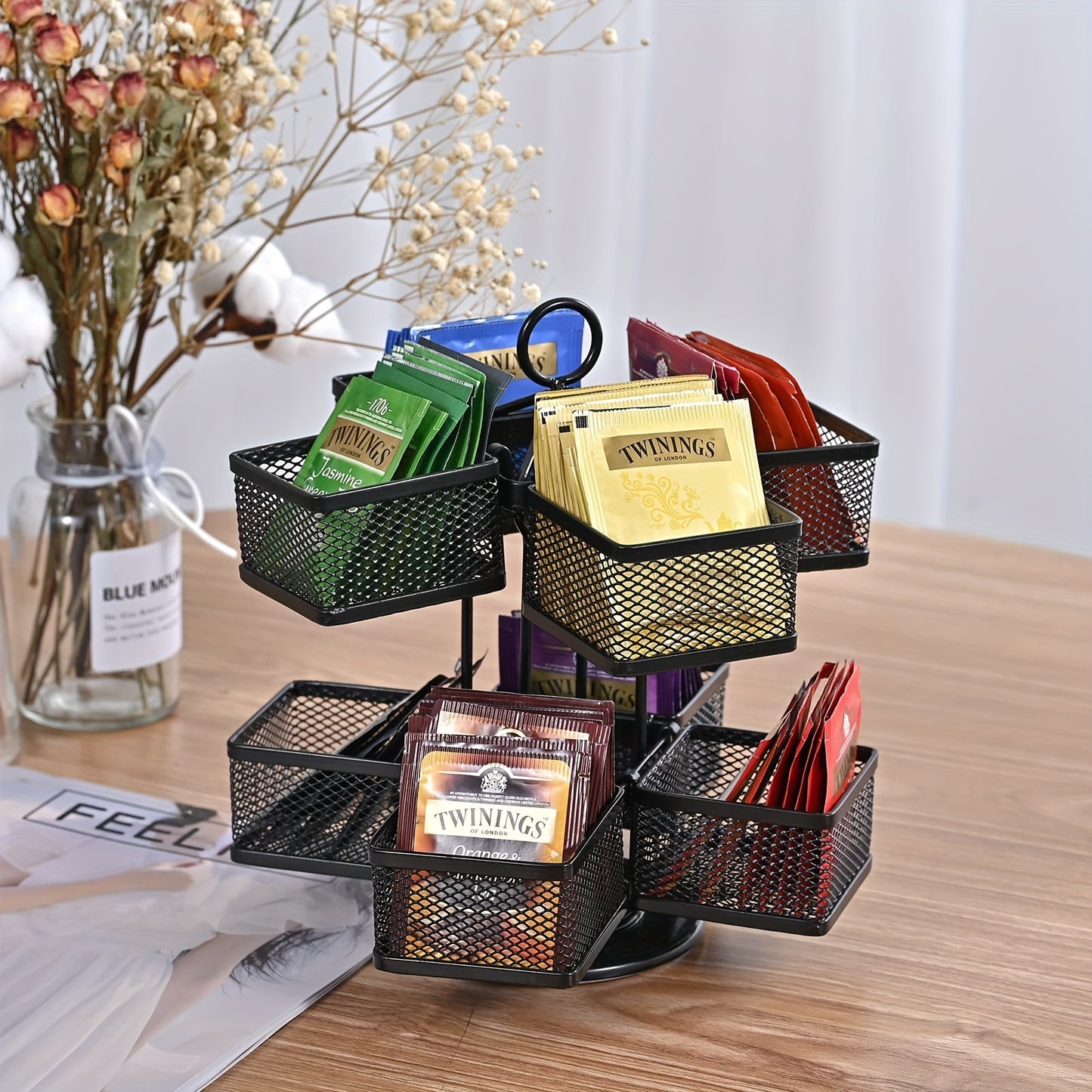 Tea Bag Organizer Storage Holder 360-Degrees Spinning Carousel, 8 Compartments TeaBags Display Rack With Lazy Susan Platform For Kitchen Home Office Coffee Bar Counter -Black