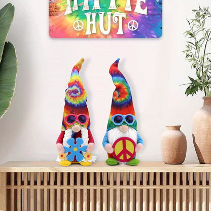 2pcs Hippie Gnomes Groovy Gnome Decorations with Peace Sign Fashion Glasses Spring Tie Dye Tomte Swedish Collectible Figurines Farmhouse Hippy Trippy Room Decor Gift for Friends Family Christmas Halloween Costume Party Ornaments