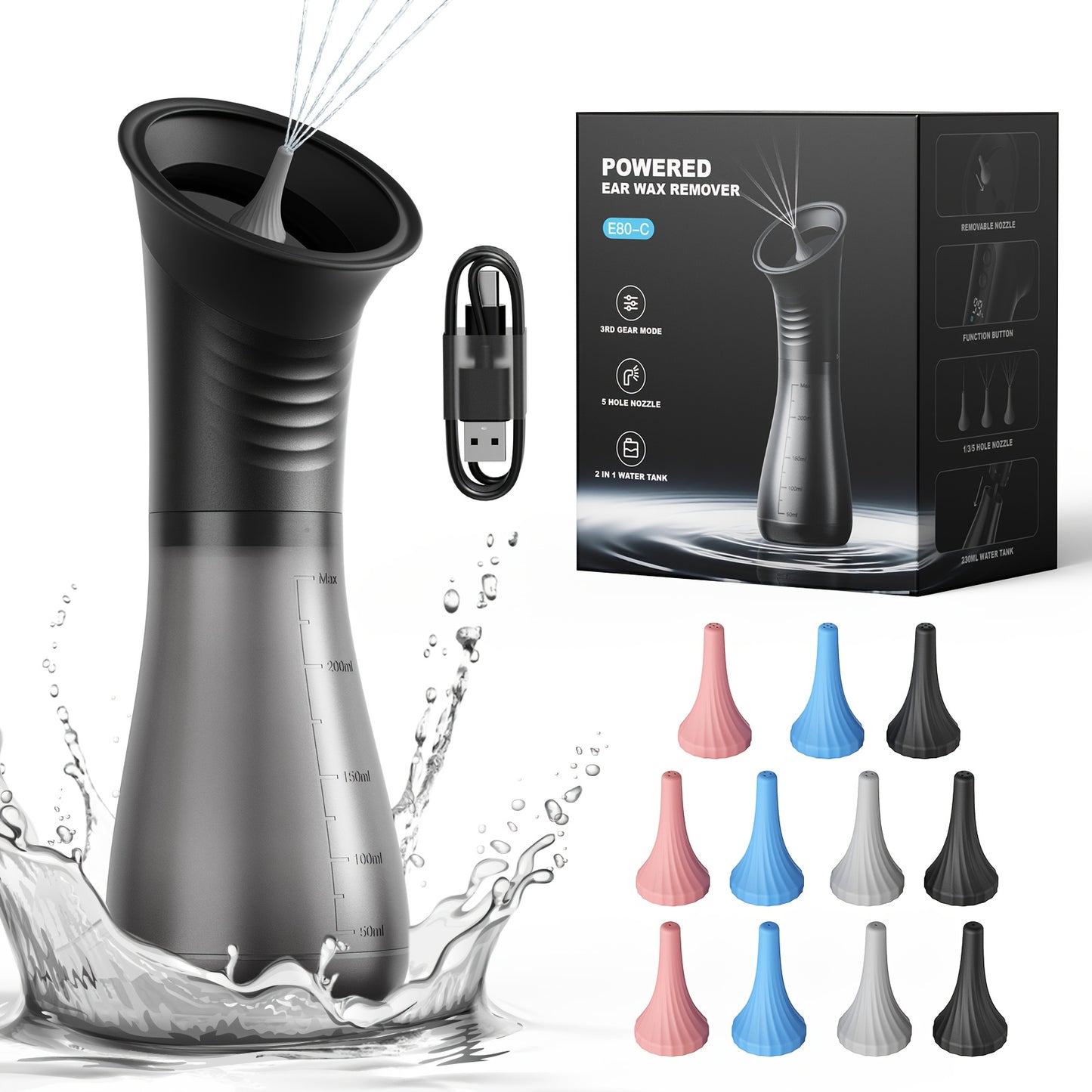 Electric Ear Wax Remover Rechargeable - LED Battery Display, 3 Pressure Levels, Integrated Waste Water Tank, Gentle Earwax Cleaning Tool for Home Use - Safe Ear Irrigation Cleaner for Adults & Kids