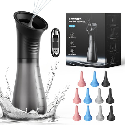 Electric Ear Wax Remover Rechargeable - LED Battery Display, 3 Pressure Levels, Integrated Waste Water Tank, Gentle Earwax Cleaning Tool for Home Use - Safe Ear Irrigation Cleaner for Adults & Kids
