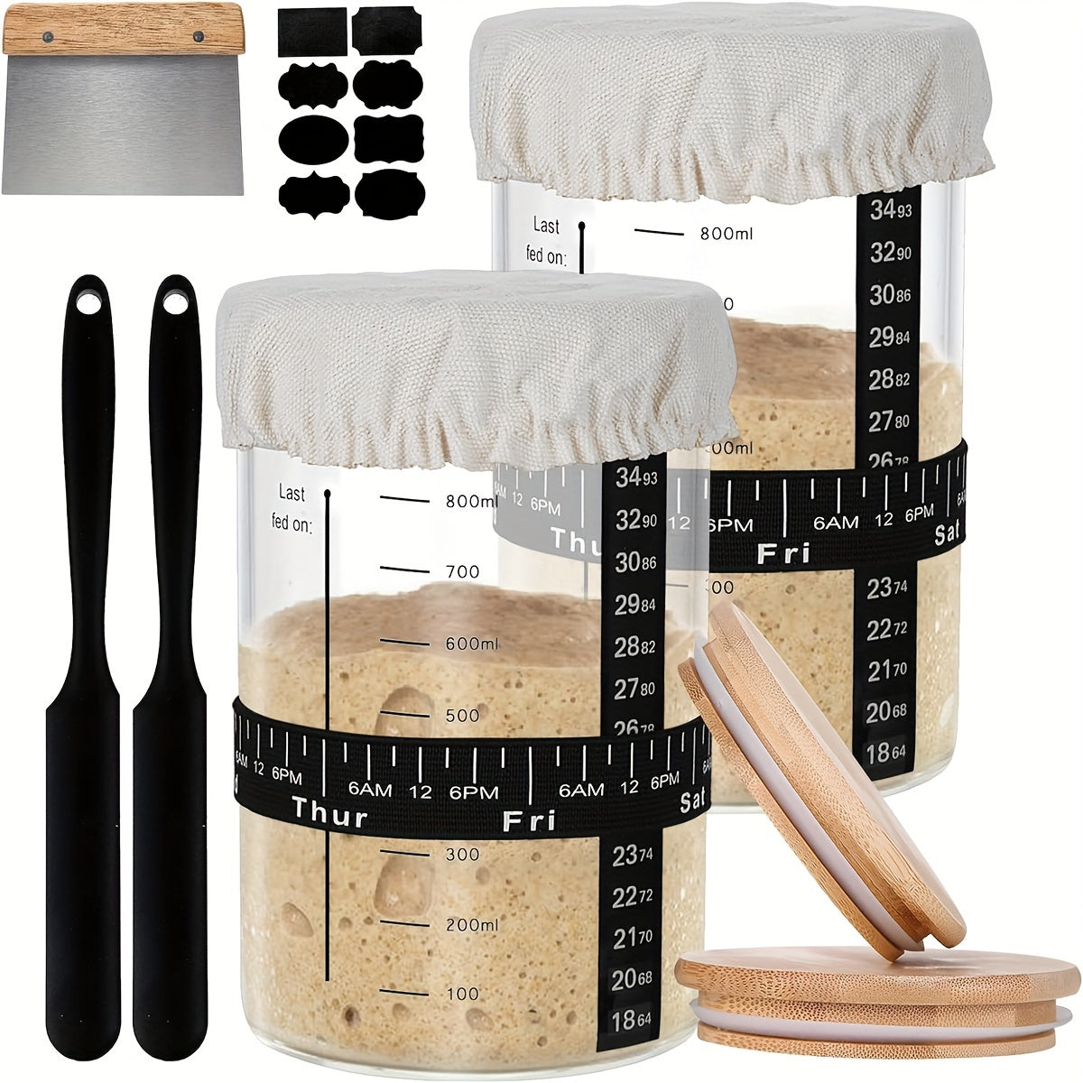 2pcs-24Oz, Sourdough Starter Jar Bread Starter Kit 2 Pack with Silicone Scraper, Bread Scraper, Thermometer Strip, Date Marked Feeding Band, Cloth Cover And Wood Lid.Reusable for Bread