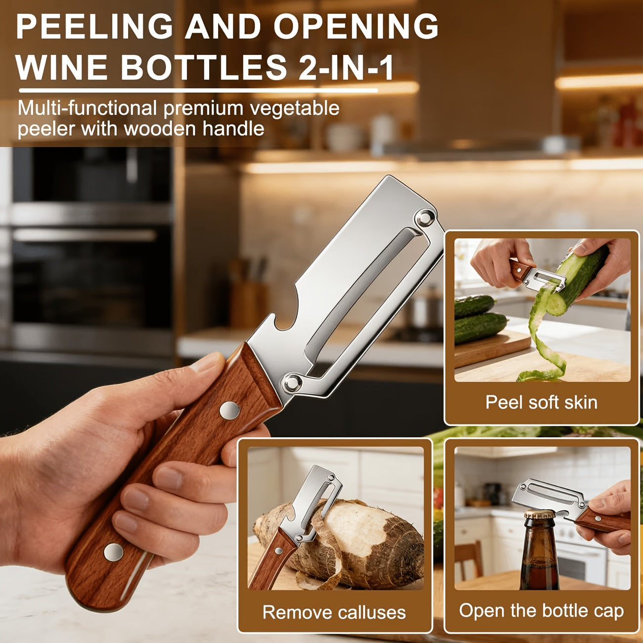 2pcs Heavy-duty Stainless Steel Fruit and Vegetable Peeler and Slicer Set, Equipped with Scallion Cutter. Multi-functional Kitchen Gadgets with Straight Blade and Ergonomic Design, Premium Vegetable Peeler Featuring Wooden Handle and Bottle Opener