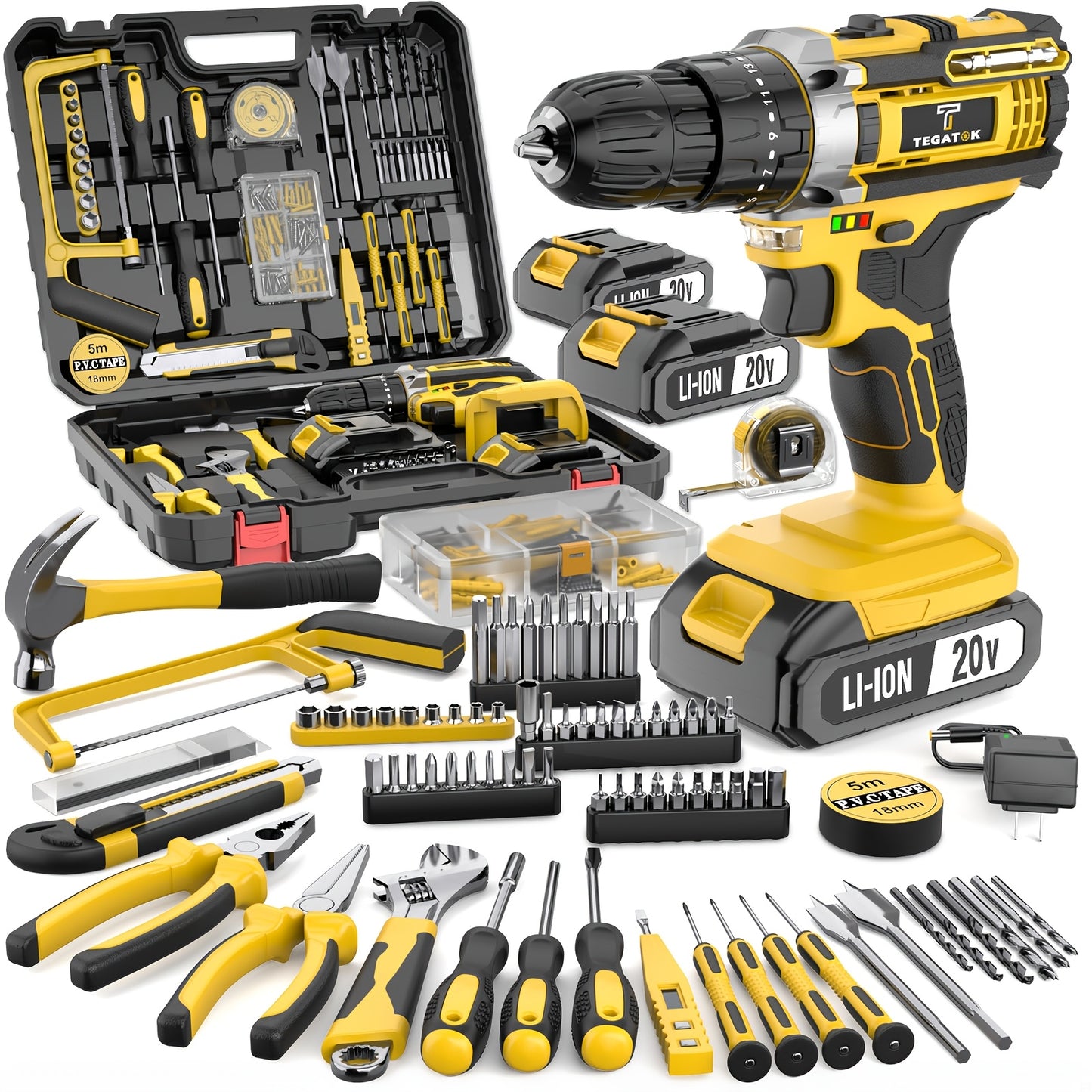Tegatok 20V 58/136pcs/ 147pcs Cordless Impact Drill Kit With 20 Plus 3 Torque Settings 45Nm Max Torque Built In LED Light 2.0Ah Rechargeable Battery And Fast Charger Ideal For Home Renovation Woodworking Furniture Assembly Metal Drilling