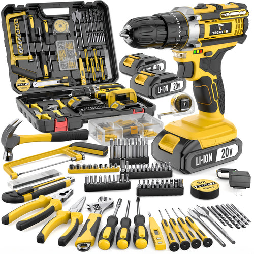 Tegatok 20V 58/136pcs/ 147pcs Cordless Impact Drill Kit With 20 Plus 3 Torque Settings 45Nm Max Torque Built In LED Light 2.0Ah Rechargeable Battery And Fast Charger Ideal For Home Renovation Woodworking Furniture Assembly Metal Drilling