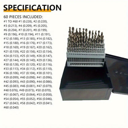 60pcs Cobalt Drill Bits Set Wire Gauge 1-60 Metal Index Box