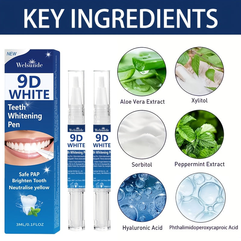 2pcs 9D Beautiful Teeth Whites Pen, Offers Powerful Cleaning, Neutralise Yellow, Bright Teeth, Cares for Gums, No Rinsing, for Home & Travel Easy Application, Confidence to Show White Teeth, Not Afraid of , Essential Oral Care for Everyone