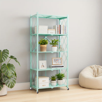 3/4/5-Tier Portable Multifunctional Storage Rack, Floor-Standing Storage Rack with Lockable Wheels, Space-Saving, No Assembly, Foldable Storage Shelf with Durable Carbon Steel Frame for Bedroom, Balcony, Garden, Standing Shelf