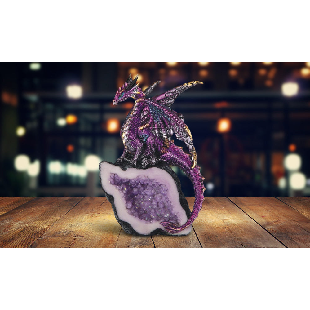5.5" H Purple Dragon Guarding Faux Crystal Cave Figurine Decorative Resin Statue Sculpture for Home, Office, or Bookshelf – A Unique Collectible and Perfect Gift for Housewarmings, Holidays, and Birthdays