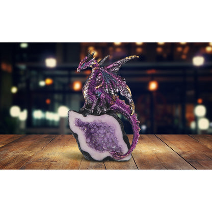 5.5" H Purple Dragon Guarding Faux Crystal Cave Figurine Decorative Resin Statue Sculpture for Home, Office, or Bookshelf – A Unique Collectible and Perfect Gift for Housewarmings, Holidays, and Birthdays