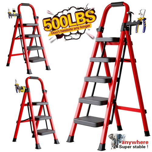 Folding Step Ladder 3 5 Step 500 lb Heavy Duty Steel Anti-Slip Wide Treads Handrail Safety Lock Portable Multi-Function Step Stool for Home Kitchen Garage Outdoor Black Red