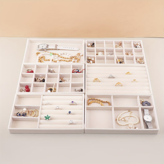 6pcs Set Stackable Jewelry Organizer Trays for Drawers, Rectangular Multi-Compartment Tabletop Storage, Jewelry Drawer Inserts Container Display Case Storage for Earrings Necklace Rings Bracelet with Removable Dividers, Jewelry Trays