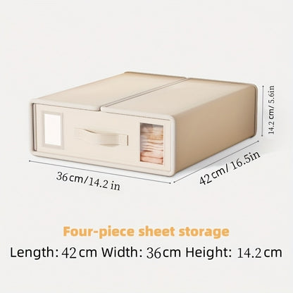 Bed Sheet Storage Organizer Boxes 4-Pack Foldable Fabric Bins with Clear Window & Label, Closet Bedding Storage Box for Sheets Duvet Covers Blankets Pillowcases, Oxford or Non-Woven, Grey Beige