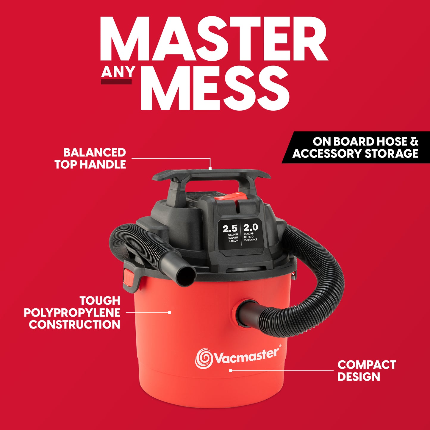 [Portable Shop Vac] Vacmaster Wet/Dry Vacuum Cleaner, 2.5 Gallon, 2 Peak HP, Wall Mount Portable Shop Vac with Blower Function, On-Board Storage for Garage Car Workshop Home Cleaning