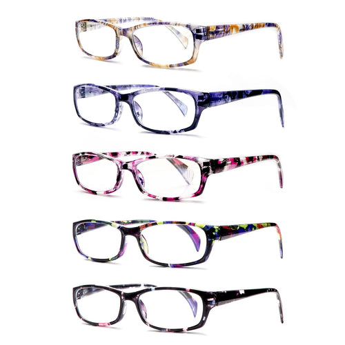 Reading Glasses 5 Pack for Women and Men Blue Light Blocking Readers Rectangular Spring Hinge Frame Anti Eyestrain Computer Reading Glasses Lightweight Fashionable Multi-Color Set Magnification 1.0 to 4.0