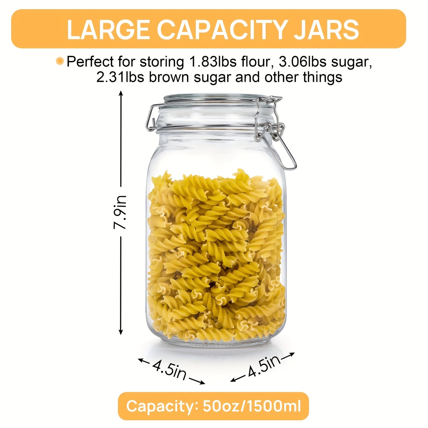 50Oz Airtight Glass Jars with Lids, 3pcs Food Storage Canisters for Kitchen And Pantry Organization, Square Mason Jar Containers for Storing Sugar, Flour, Cereal, Coffee, Mother'S Day Gifts