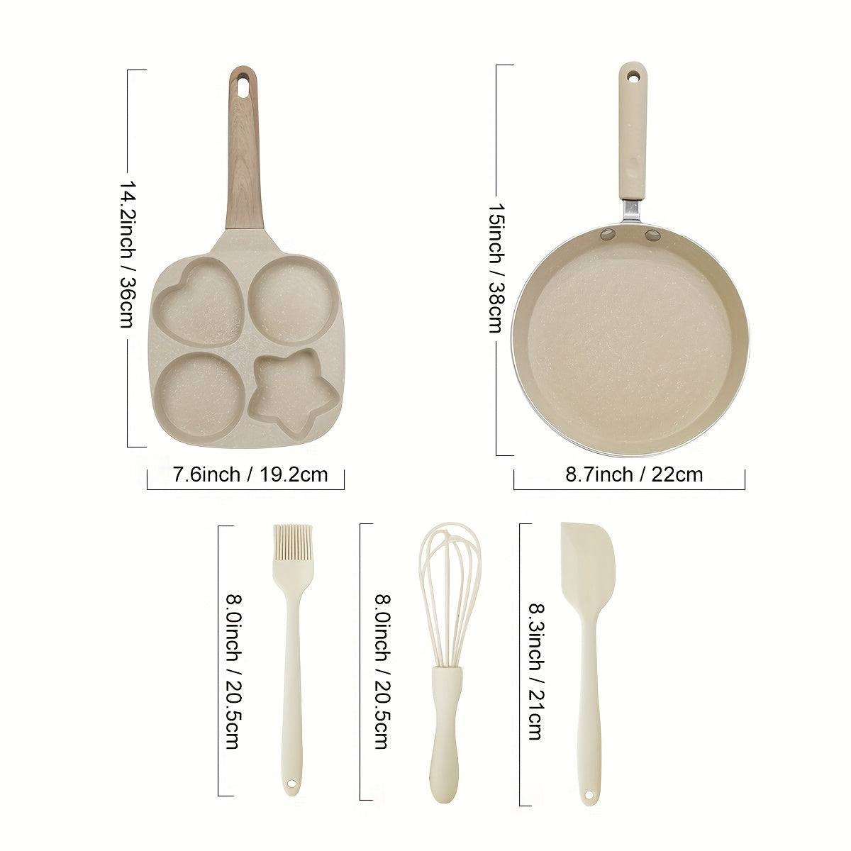 5pcs Non-Stick Cookware Set, Includes Egg Frying Pan, Pancake Skillet, and Kitchen Utensils, Beige