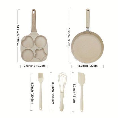 5pcs Non-Stick Cookware Set, Includes Egg Frying Pan, Pancake Skillet, and Kitchen Utensils, Beige