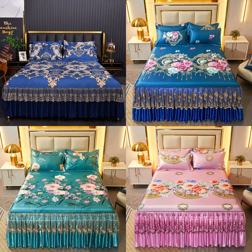 3pcs Double Layer Ruffle Bed Skirt Style Cool Mat Three Piece Set with Pillowcase Washable High Weight 360° Full Wrap