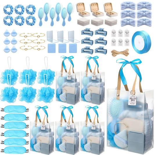 74pcs Headbands, Hair Brushes, Jewelry Boxes, Bracelets, Mirrors, Powder Puffs, Hair Ties, Clips, Bath Sponges & Gift Bags Set - Bridal Wedding Favors, Game Winner Prize Pack (Pink/ Blue Options), for Christmas Events & Party Supplies