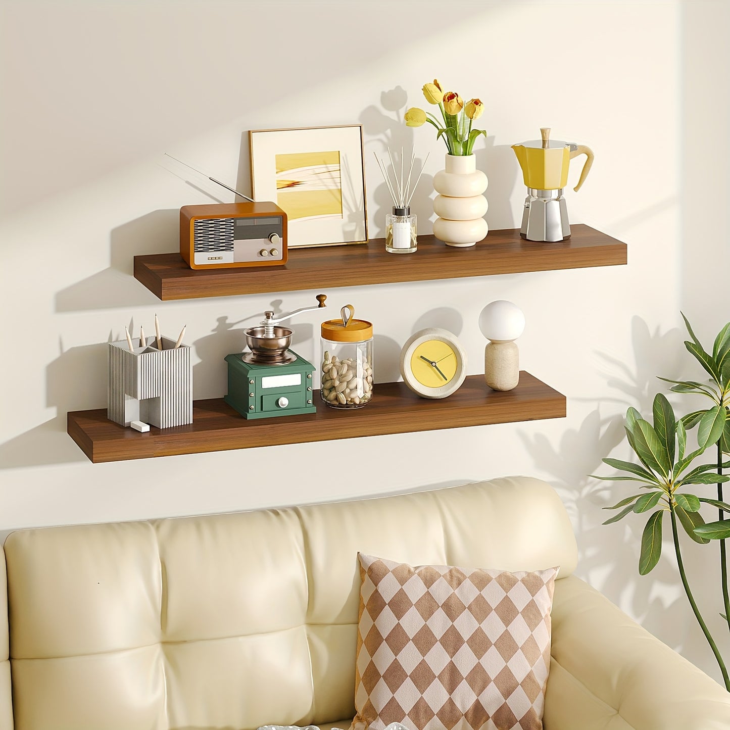 TOMNK Floating Shelves, 4pcs, 56cm/22in, Wall Shelves For Bathroom/Living Room/Bedroom/Kitchen Decor, Shelves With Invisible Brackets Set (Walnut/Light Brown/White/White Oak/Black)