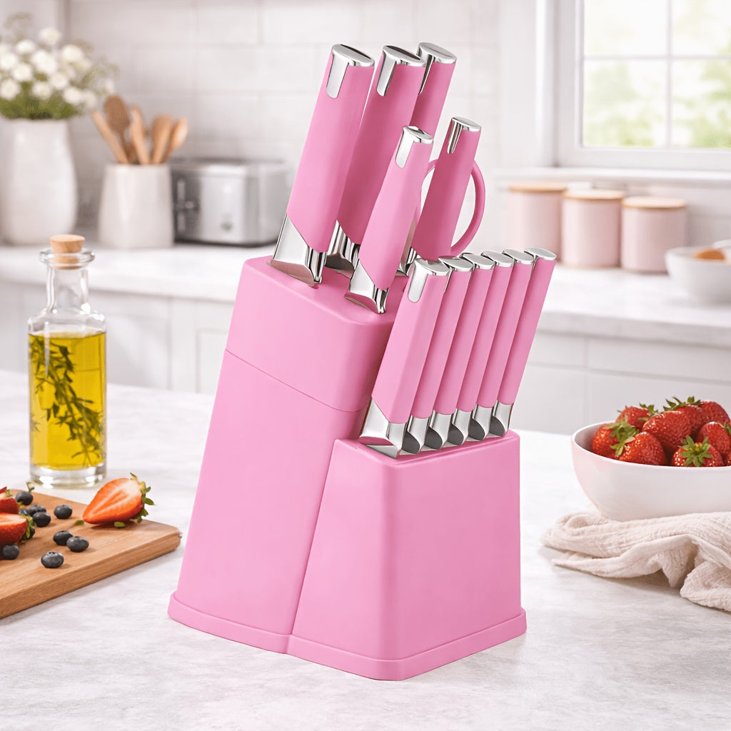 13pcs All-in-One Kitchen Knife Set with Holder - Includes 6 Steak Knives, Chef Knife, Bread Knife & Scissors - Perfect Housewarming Gift for New Home - Sharp & Durable Cooking Tools