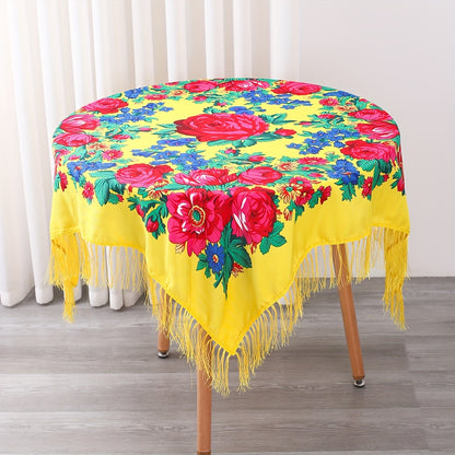 Floral Square Tablecloth with Tassels - Multicolor Flowers, Machine-Washable Polyester, Kitchen & Dining Room Table Cover with Tassel Trim