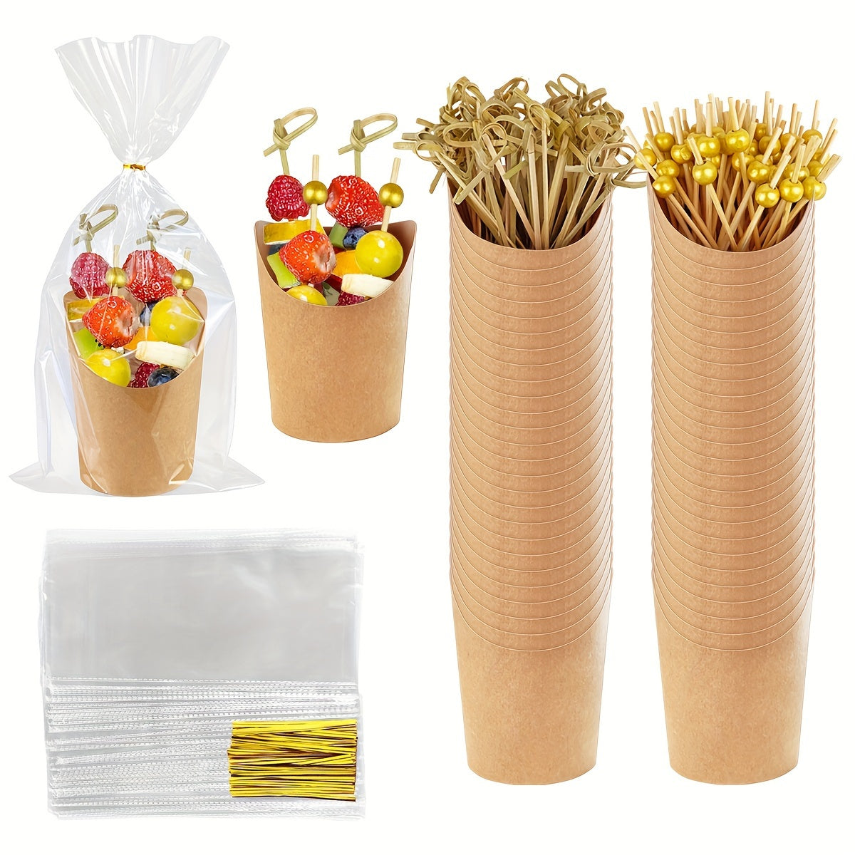 50 Sets of 8 Oz Disposable Charcuterie Cups, Complete with Sticks And Bags. These Brown Kraft Paper Snack Boxes Are Perfect for Appetizers And French Fries, Including 50 Cups, 50 Bags, And 100 Sticks