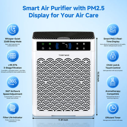 HEPA Air Purifier for Large Rooms Up to 3000 Sq Ft – True HEPA Filter, Activated Carbon, Double-Sided Intake, Removes Dust, Pet Dander, Smoke & Odors, Sleep Mode 22dB, Aromatherapy, 19Hr Timer