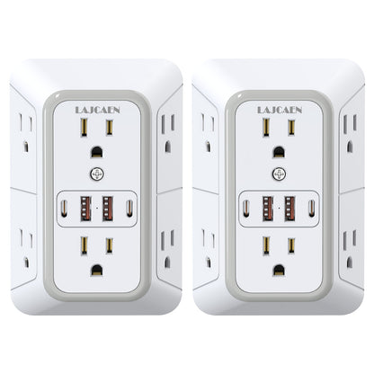 Outlet Splitter Wall Expander 10-in-1 with 6 AC Outlets 2 USB-A 2 USB-C Ports 3-Sided Plug Extender Surge Protector Night Light Compact Space-Saving Design for Home Dorm Apartment Office