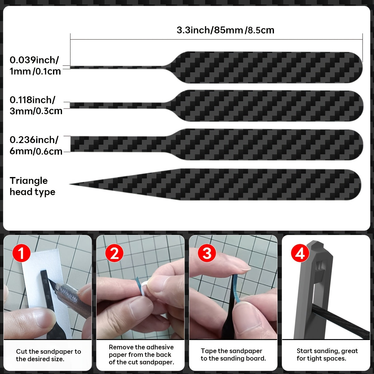 Carbon Fiber Sanding Sticks Set of 7, Hobby Model Sanding Tools with 4 Detail Polishing Boards, 3 Sizes 3"x0.6" 3"x0.4" 3"x0.2" for Scale Models Miniatures Gunpla