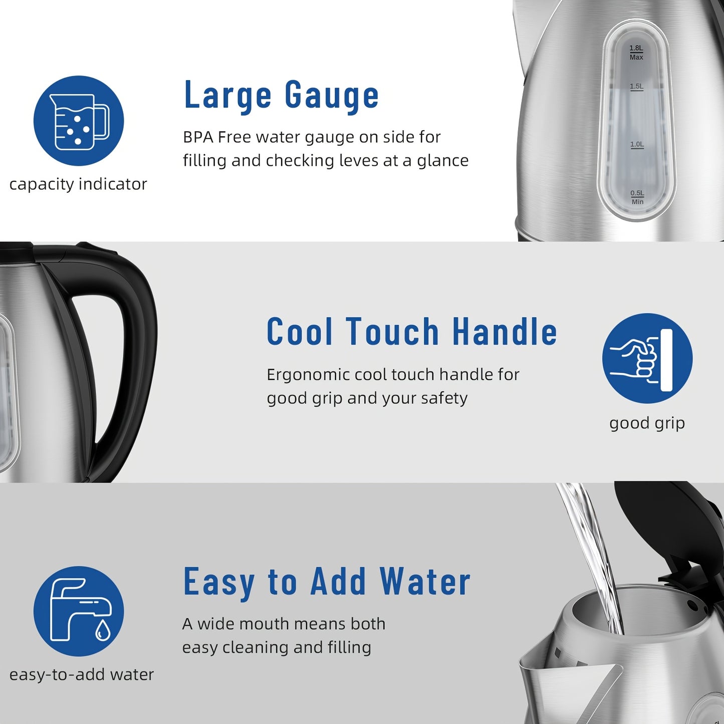 Electric Kettle 1200W Fast Boiling 1.8L Stainless Steel BPA-Free Auto Shut-Off Boil-Dry Protection 360 Swivel Base for Coffee Tea Kitchen Camping Office Home