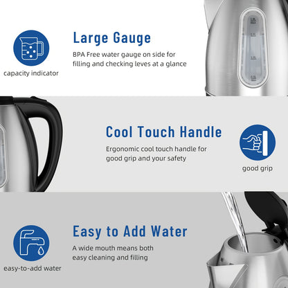 Electric Kettle 1200W Fast Boiling 1.8L Stainless Steel BPA-Free Auto Shut-Off Boil-Dry Protection 360 Swivel Base for Coffee Tea Kitchen Camping Office Home