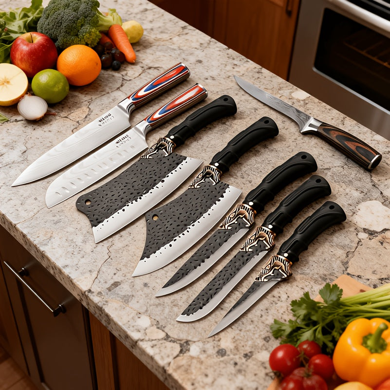 8pcs, Professional Kitchen Chef Knife Set, Stainless Steel Utility Knife Handmade Forged Knife Boning Knife Fish Knife Butcher Knife Kitchen Scissors Ultra-Sharp Bone Scissors for Kitchen Convenience Boning Duck Fish Scissors