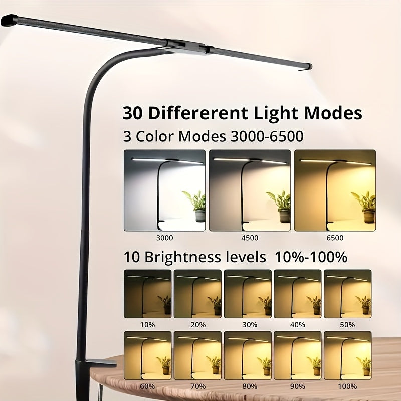 Dual-Head Touch LED Desk Lamp, 3 Color Modes & 10 Dimmable Brightness, Flexible Gooseneck Eye-Caring Soft Light with Base & Clip, Multi-Angle Adjustable, 13W USB Powered, Perfect for Home, Office, Study, PC Screen & Gaming Lighting