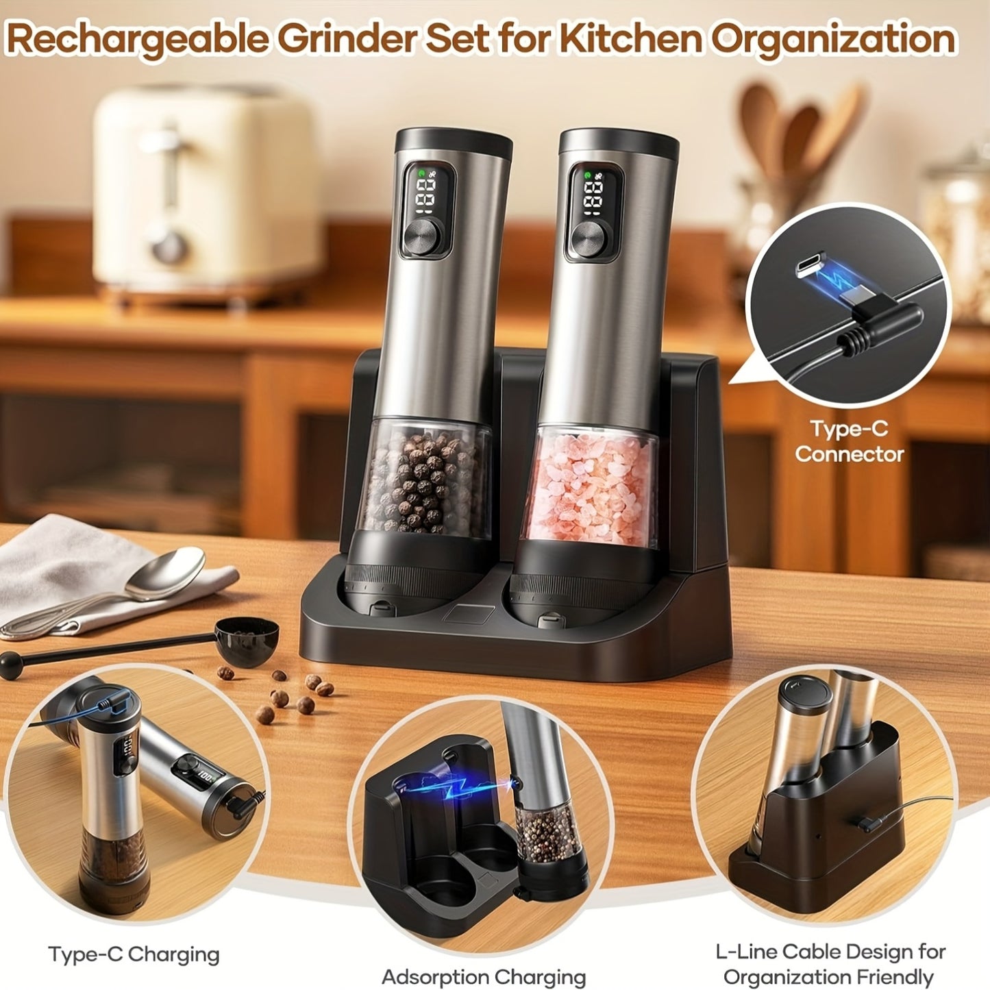 [Kitchen Gift] Rechargeable Electric Salt And Pepper Grinder Set - Extra Large Capacity With Base - Automatic Pepper And Sea Salt Grinder Set With Adjustable Roughness And LED Display - Kitchen Gift