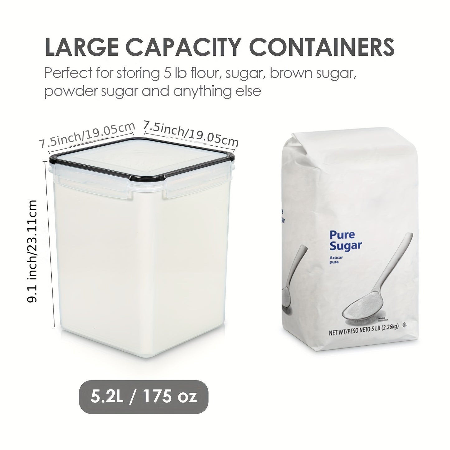 4pcs Large Food Storage Containers, BPA Free Plastic Airtight Canisters for Flour, Sugar, Baking Supplies, Rice with Lids, Black