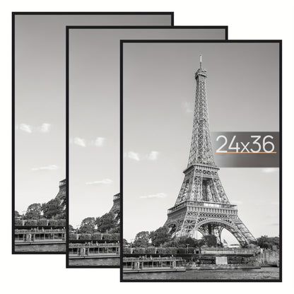 Poster Frame 24x36 Black 3 Pack, Slide-In Picture Frames for Horizontal or Vertical Wall Mounting, Scratch-Proof Lightweight Gallery Wall Photo Frame for Art Prints Diplomas