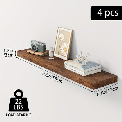 TOMNK Floating Shelves, 4pcs, 56cm/22in, Wall Shelves For Bathroom/Living Room/Bedroom/Kitchen Decor, Shelves With Invisible Brackets Set (Walnut/Light Brown/White/White Oak/Black)