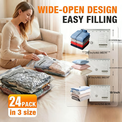 24 Pack Travel Compression Bags with Pump, Vacuum Storage Pouches for Clothing, Space Saving Sealing Bags for Backpack And Suitcase