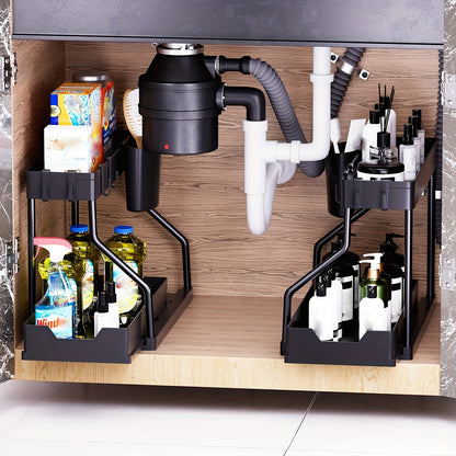 2pcs Under Sink Organizer with Sliding Shelves - Durable Pull-Out Cabinet Organizer for Bathroom & Kitchen, Space-Saving Storage Solution, Sleek Design
