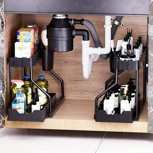Under Sink Organizer 2pcs with Sliding Shelves – Durable Pull-Out Cabinet Storage for Bathroom Kitchen Space Saving Vertical Design