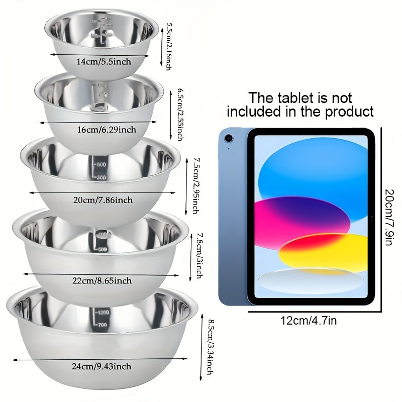 5pcs Stainless Steel Mixing Bowl Set with Measurement Markings Ideal for Cooking, Baking, And Meal Prep. Versatile Household Kitchen Bowls Perfect for Food Preparation, Vegetable Washing, Fruit Serving, Noodle Mixing, And More. Essential
