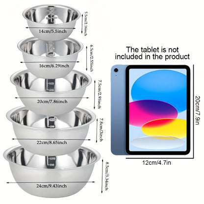 5pcs Stainless Steel Mixing Bowl Set with Measurement Markings Ideal for Cooking, Baking, And Meal Prep. Versatile Household Kitchen Bowls Perfect for Food Preparation, Vegetable Washing, Fruit Serving, Noodle Mixing, And More. Essential