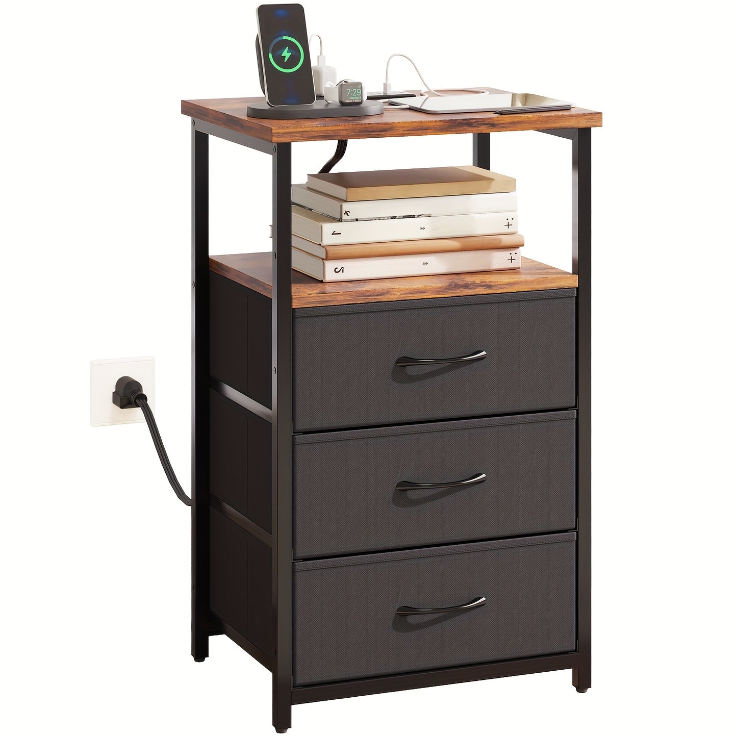 Nightstand with Charging Post, Side Table with USB Port & Socket, End-Table with 3 Drawers & Storage Shelf, Heavy Duty Night Stand, Small Dresser for Small Spaces, School And Dormitory Storage, for Halloween And Christmas, Storage Drawer Units