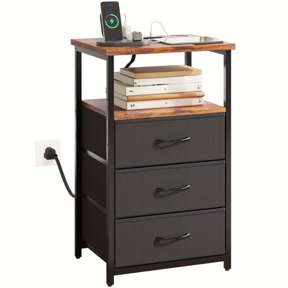Nightstand with Charging Post, Side Table with USB Port & Socket, End-Table with 3 Drawers & Storage Shelf, Heavy Duty Night Stand, Small Dresser for Small Spaces, School And Dormitory Storage, for Halloween And Christmas, Storage Drawer Units