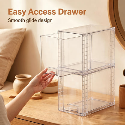 4 Pack 9.7" High Clear Plastic Under Sink Storage, Drawer Organizer - Stackable Storage Bins for Skincare, Makeup, Bathroom And Kitchen Organization - Fits Cabinet, Undersink, Pantry, Vanity