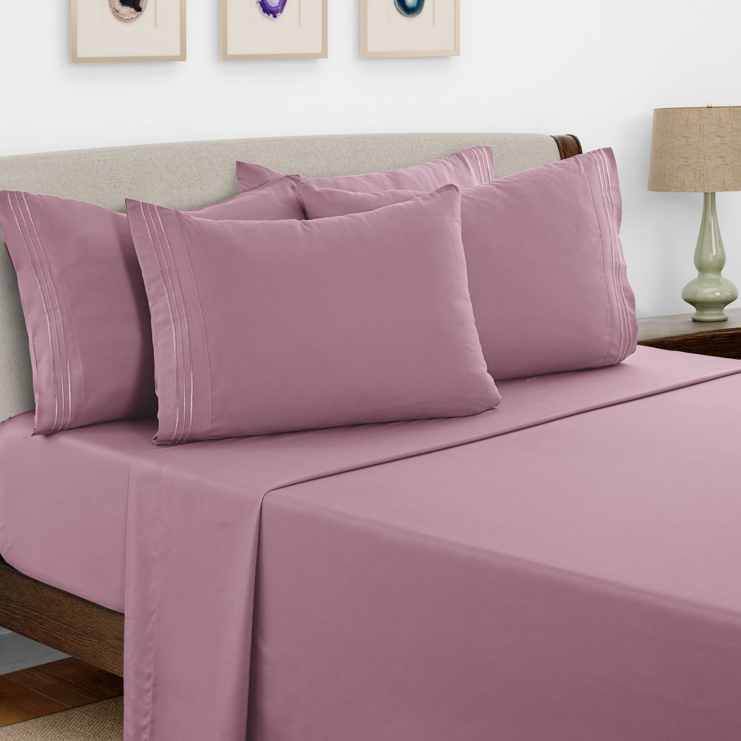 Lux Decor 6 Pieces Solid Bed Sheets Set - Modern Soft Comfortable Bedding Set, Hotel Luxury Skin Friendly Cooling Sheets & Embroidered Pillowcases Without Filler - All Seasons Bed Sheet with 16 Inches deep Pocket, Breathable Skin Friendly & Cooling Sheets