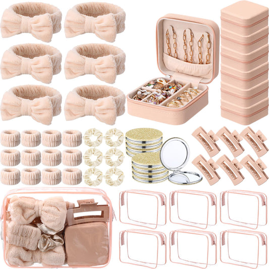 Gift for Her/Him 48pcs Spa Party Favors for Women - Pink And Beige Sleepover Party Supplies Set with Headband, Wristband, Scrunchies, Hair Clip, Jewelry Case, Makeup Bag And Mirror, Bridesmaid Proposal Return Gifts